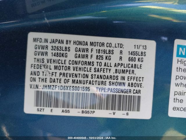 JHMZF1D6XES001595 Honda CR-Z EX