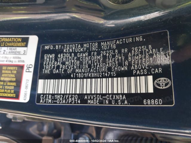 4T1BD1FK8HU214715 Toyota Camry Hybrid Le