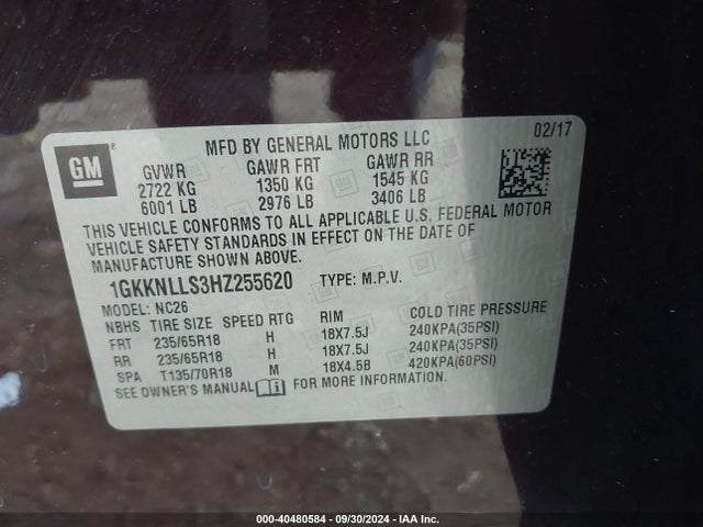 GMC Acadia Sle-2 2017 1GKKNLLS3HZ255620 Image 9