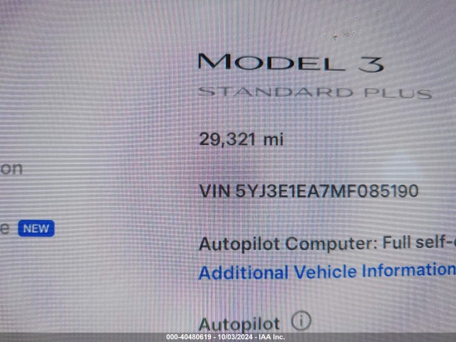 5YJ3E1EA7MF085190 Tesla Model 3 Standard Range Plus Rear-wheel Drive