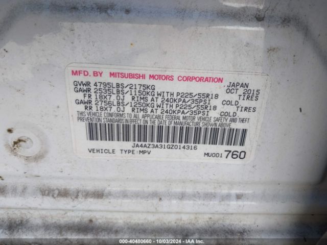 JA4AZ3A31GZ014316 Mitsubishi Outlander Se