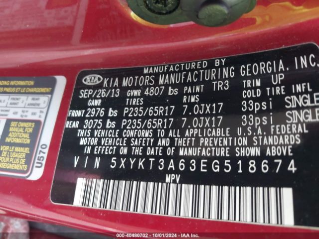5XYKT3A63EG518674 KIA SORENTO LX