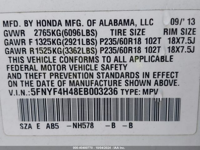 5FNYF4H48EB003236 Honda Pilot Ex