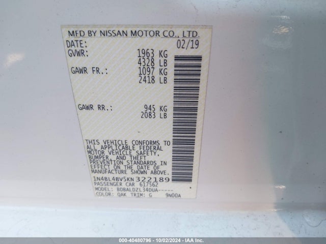 Nissan Altima 2.5 S 2019 1N4BL4BV5KN322189 Image 9