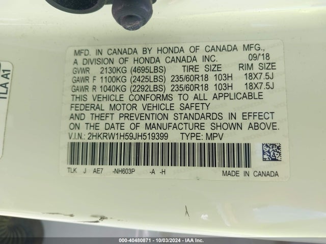 Honda CR-V EX 2018 2HKRW1H59JH519399 Image 9