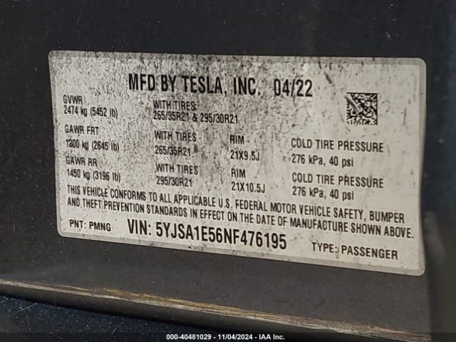 5YJSA1E56NF476195 Tesla Model S Dual Motor All-wheel Drive