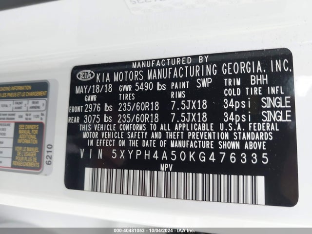 KIA Sorento 3.3l Ex 2019 5XYPH4A50KG476335 Image 9