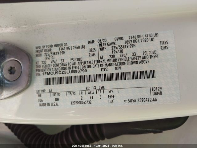 1FMCU9DZ5LUB93799 Ford Escape Titanium Hybrid
