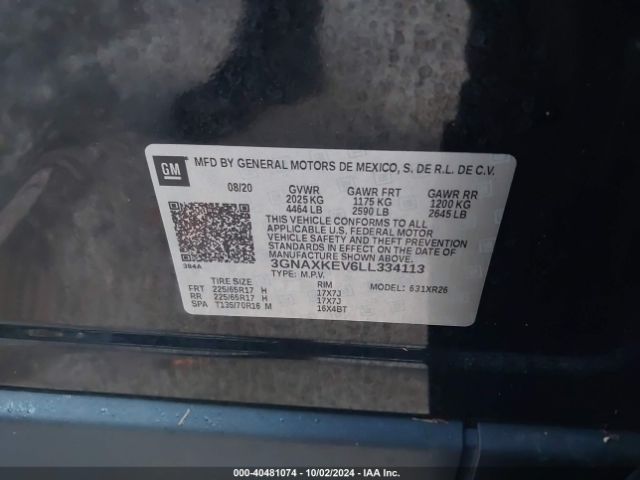 3GNAXKEV6LL334113 Chevrolet Equinox Fwd Lt 1.5l Turbo
