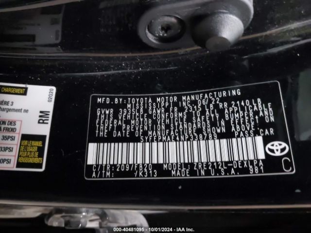 5YFEPMAE4NP338789 Toyota COROLLA LE
