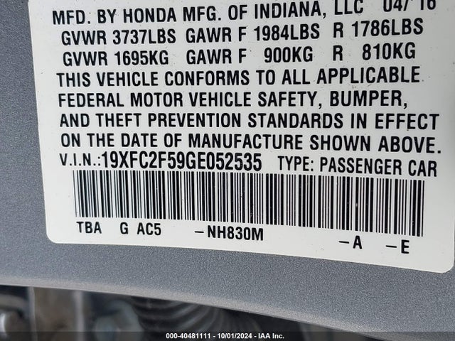 Honda Civic Lx 2016 19XFC2F59GE052535 Image 9