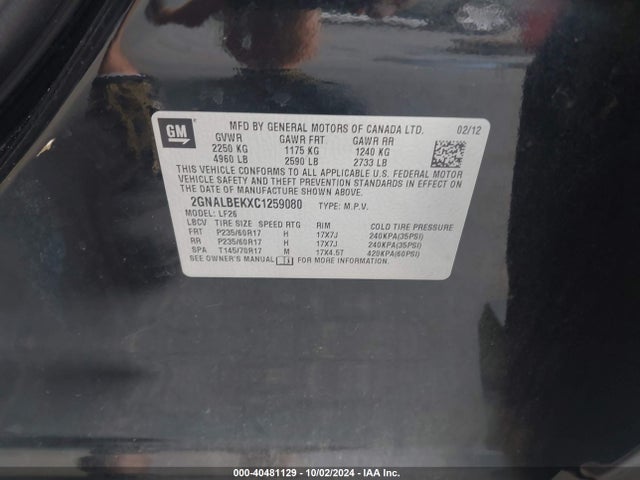 Aukcja sprzedaży 2012 Chevrolet Equinox Ls, vin: 2GNALBEKXC1259080, numer aukcji: 40481129