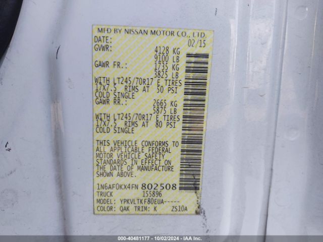 1N6AF0KX4FN802508 Nissan Nv Cargo Nv2500 Hd Sv V8