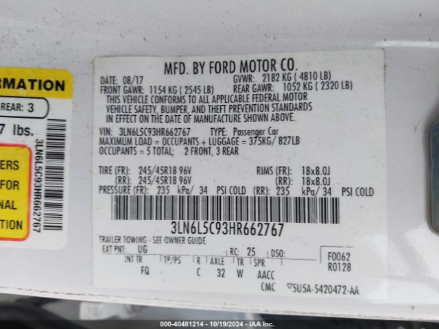 3LN6L5C93HR662767 Lincoln MKZ SELECT