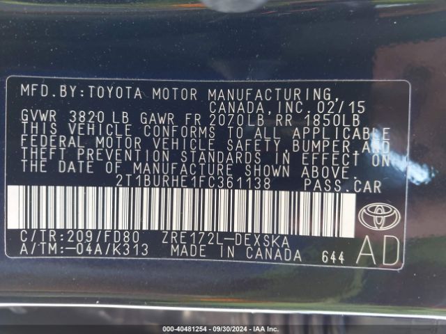 2T1BURHE1FC361138 Toyota Corolla S