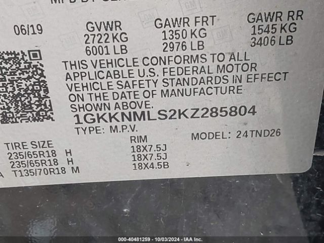 1GKKNMLS2KZ285804 GMC Acadia Slt-1