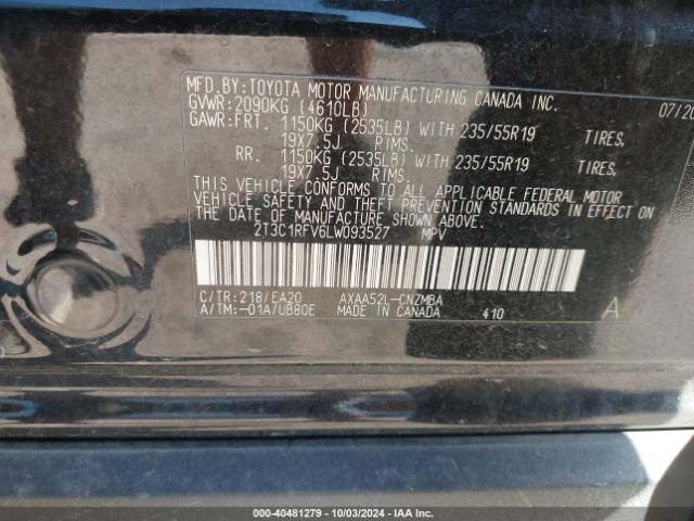 2T3C1RFV6LW093527 Toyota Rav4 Xle Premium