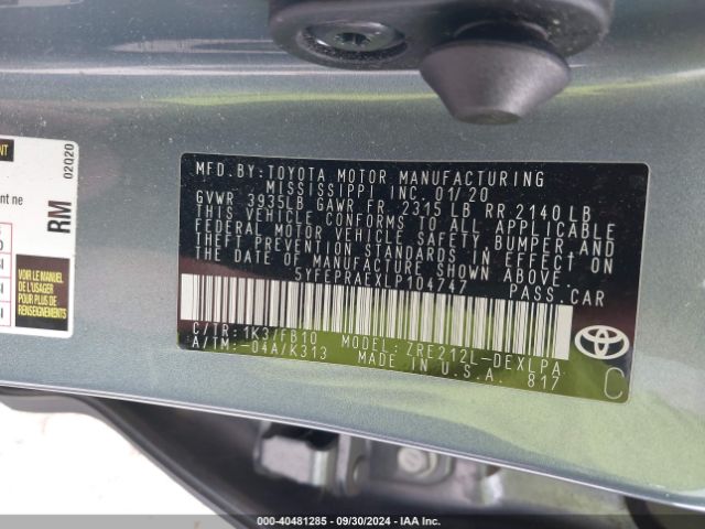 5YFEPRAEXLP104747 Toyota COROLLA LE