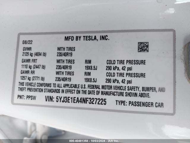 2022 TESLA MODEL 3 5YJ3E1EA4NF327225 Photo 8