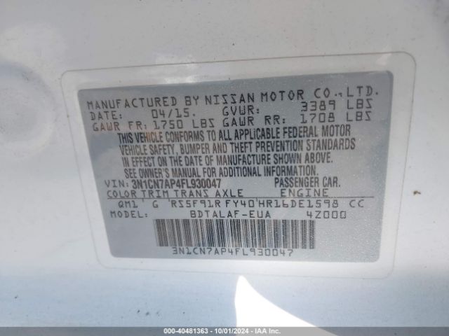 3N1CN7AP4FL930047 Nissan Versa 1.6 S