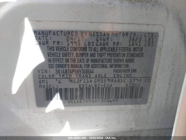 Nissan SENTRA S 2017 3N1AB7AP5HY308644 Image 9