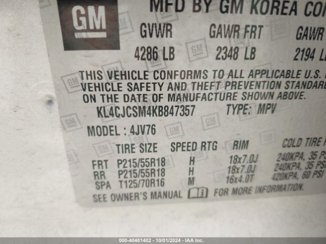 KL4CJCSM4KB847357 Buick Encore Fwd Essence
