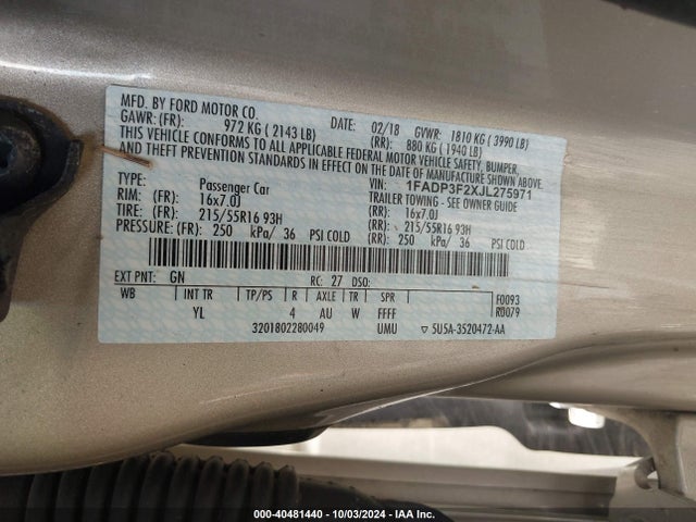 Ford FOCUS SE 2018 1FADP3F2XJL275971 Image 9