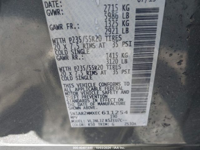 5N1AR2MMXEC611254 Nissan Pathfinder Platinum