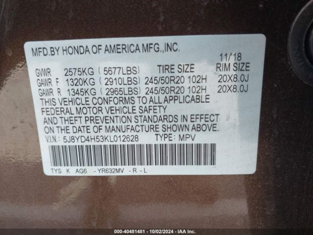 5J8YD4H53KL012628 Acura Mdx Tech Pkg