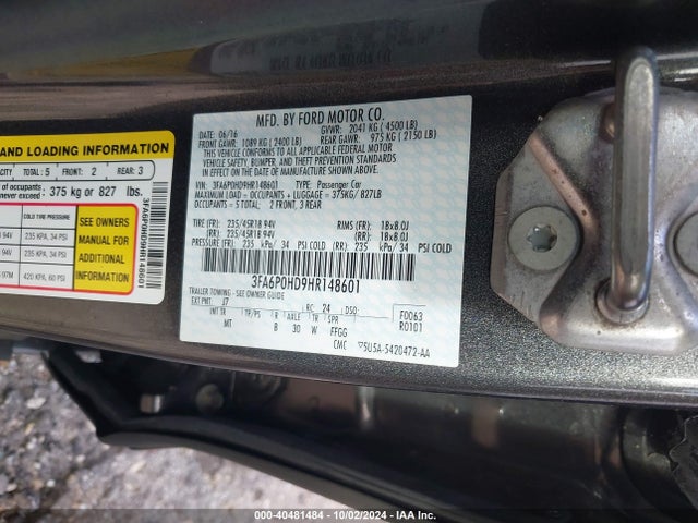Ford FUSION SE 2017 3FA6P0HD9HR148601 Image 9