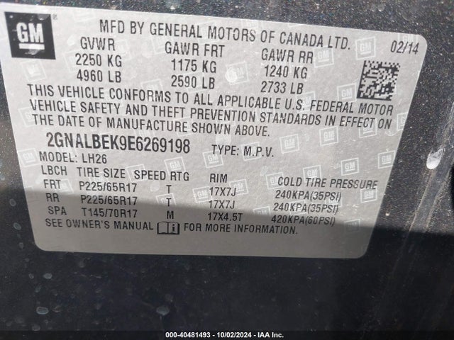 Chevrolet EQUINOX 1LT 2014 2GNALBEK9E6269198 Image 9