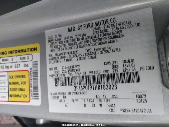 Ford FUSION SE 2017 3FA6P0T91HR183023 Image 9