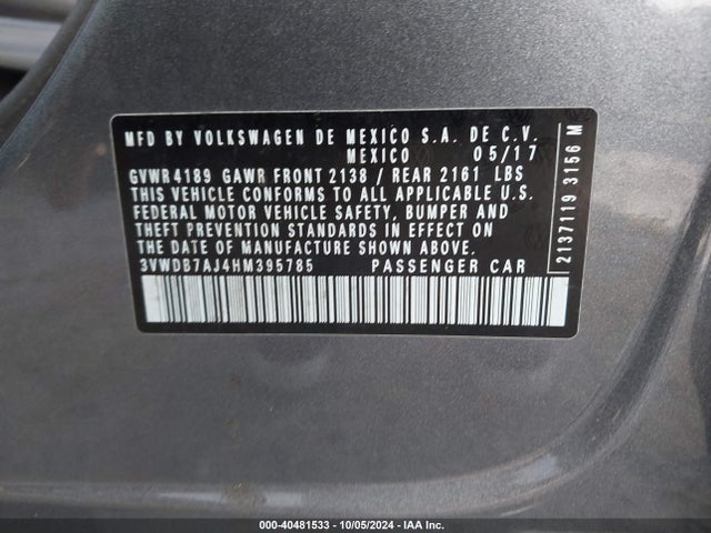 Volkswagen Jetta 1.4t Se 2017 3VWDB7AJ4HM395785 Image 9