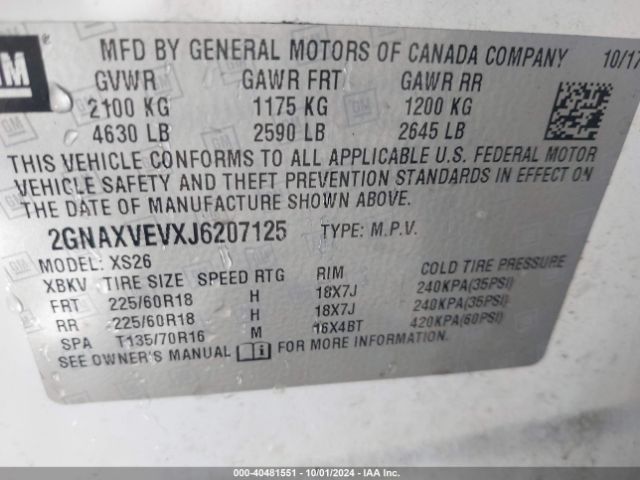 2GNAXVEVXJ6207125 Chevrolet Equinox Premier