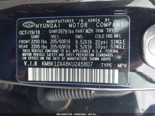 KM8K12AA8KU245807 Hyundai Kona Se