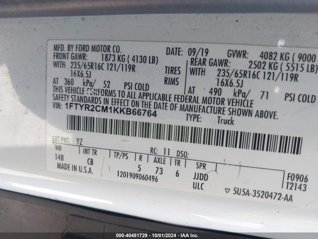 Ford Transit-250 2019 1FTYR2CM1KKB66764 Image 9