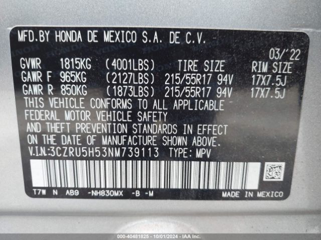 3CZRU5H53NM739113 Honda Hr-v 2wd Ex