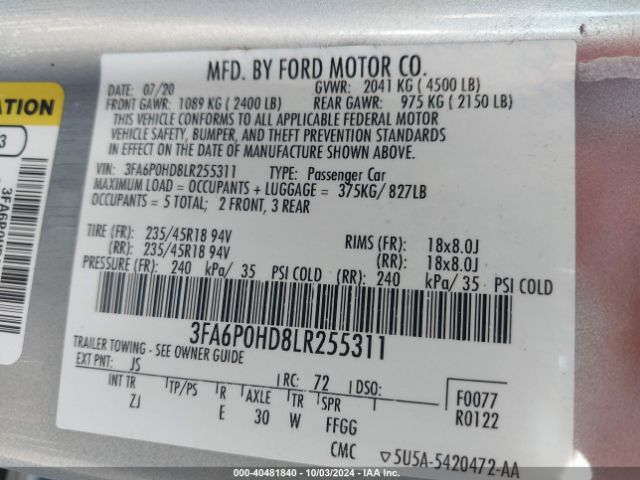 3FA6P0HD8LR255311 Ford FUSION SE