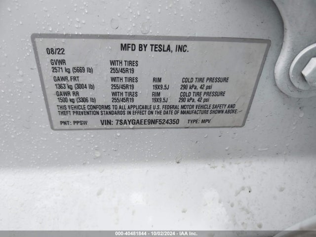2022 TESLA MODEL Y 7SAYGAEE9NF524350 Photo 8