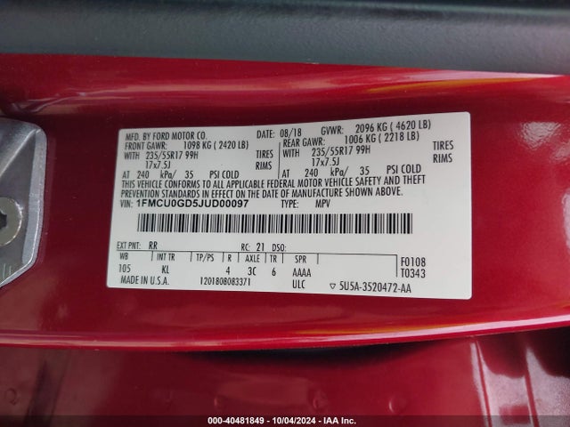 Ford ESCAPE SE 2018 1FMCU0GD5JUD00097 Image 9