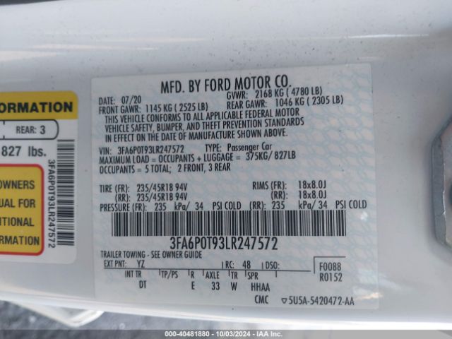3FA6P0T93LR247572 Ford FUSION SE