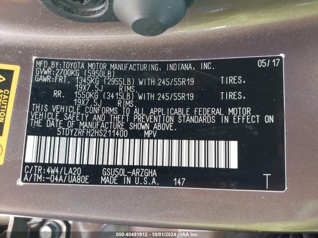 Toyota Highlander Limited Platinum 2017 5TDYZRFH2HS211400 Image 9