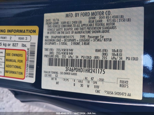 Ford FUSION SE 2017 3FA6P0HD1HR241175 Image 9