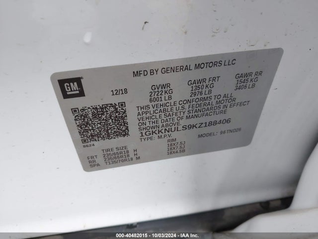 1GKKNULS9KZ188406 GMC Acadia Slt-1