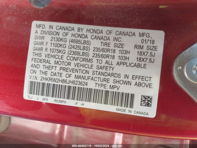2HKRW2H86JH623624 Honda Cr-v Ex-l/ex-l Navi
