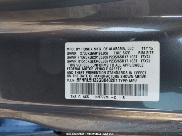 5FNRL5H32GB040201 Honda ODYSSEY SE