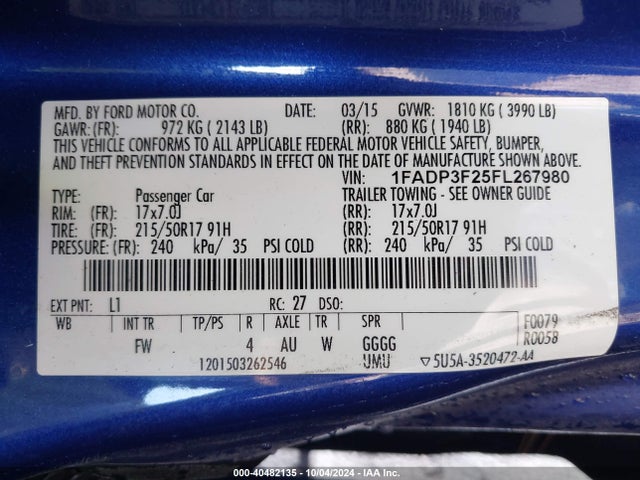 Ford FOCUS SE 2015 1FADP3F25FL267980 Image 9
