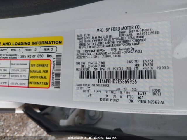 1FA6P0HD2E5369956 Ford FUSION SE