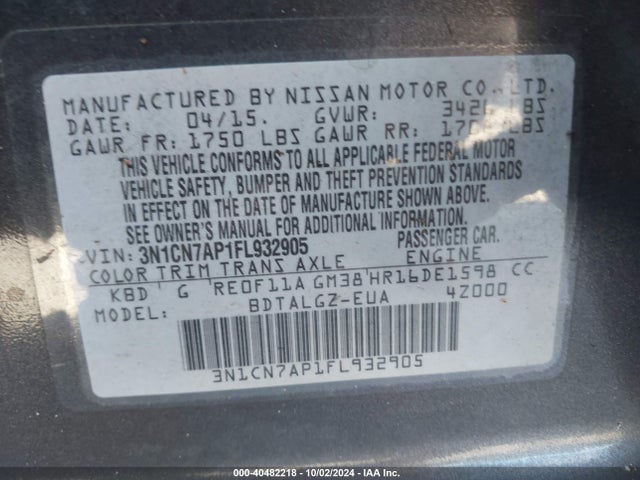 Nissan Versa 1.6 Sl 2015 3N1CN7AP1FL932905 Image 9