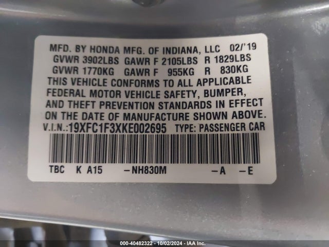 Honda CIVIC EX 2019 19XFC1F3XKE002695 Image 9